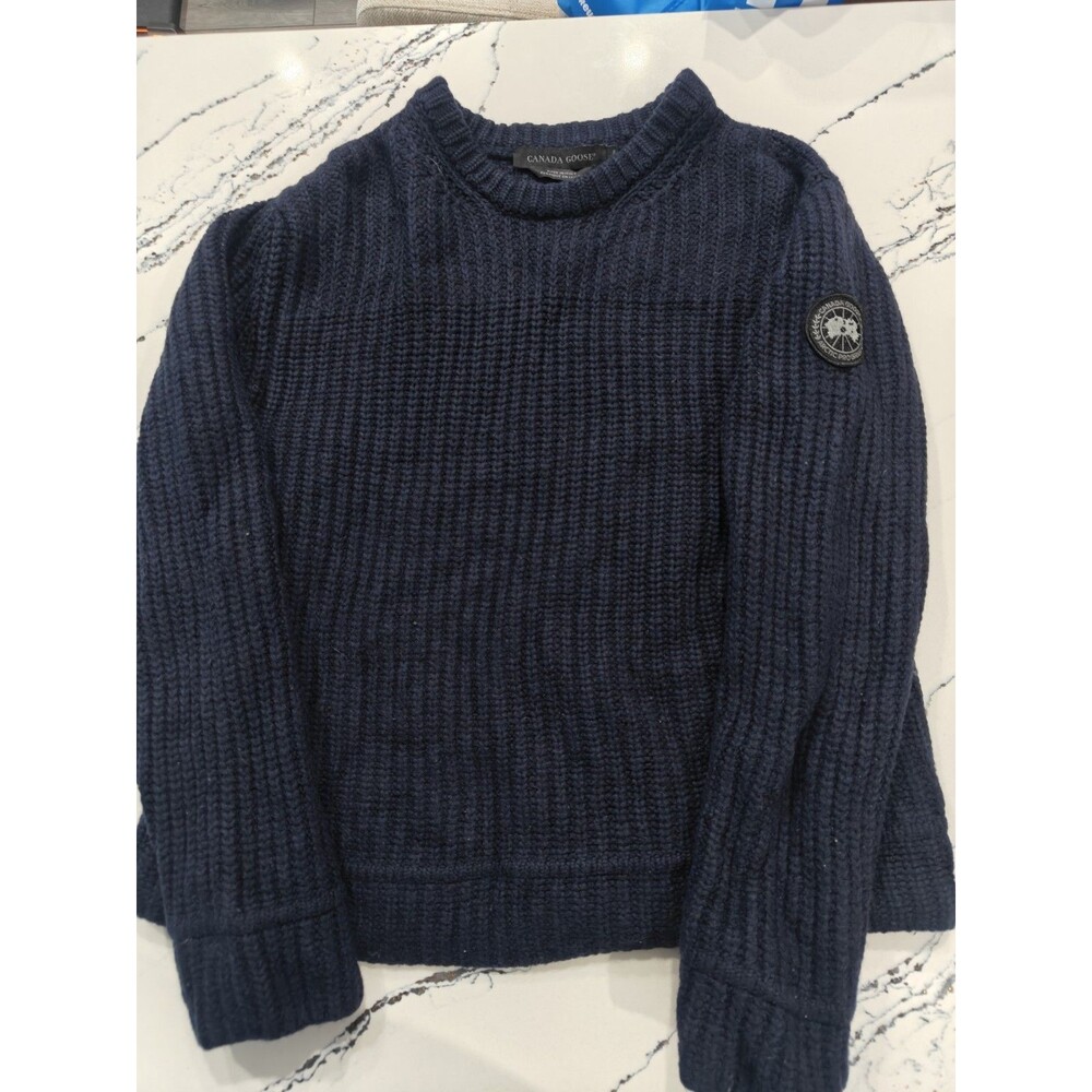 Canada Goose Merino Wool Crewneck Sweater M Blue Rib Knit Patch Made in Italy